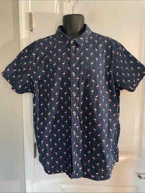 Men's Navy Short-Sleeve Button-Up Shirt with Pink Flamingo Print XXL Slim